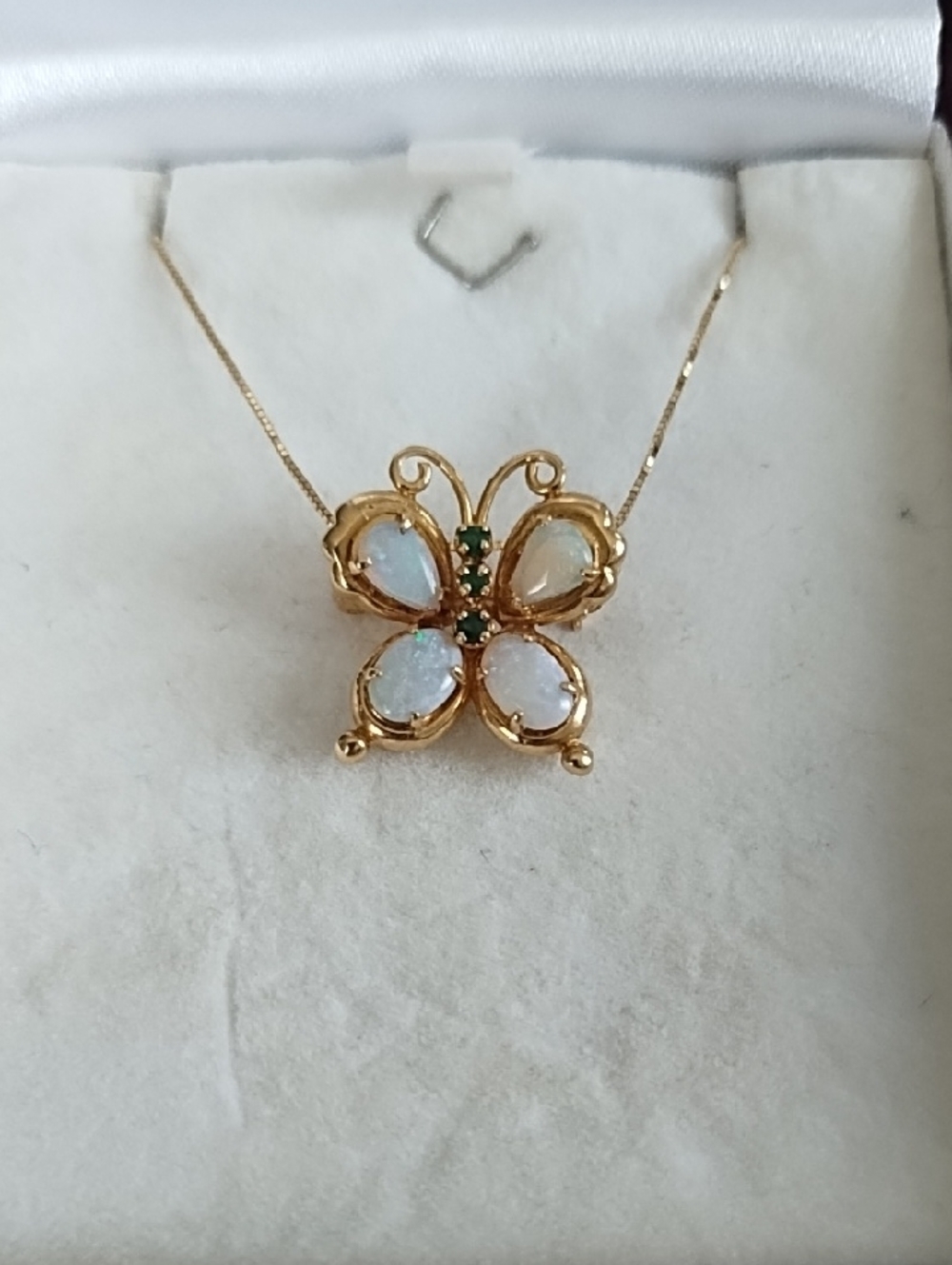 14kt Gold Butterfly Opal  Pendant Necklace - White Opal & Emerald
